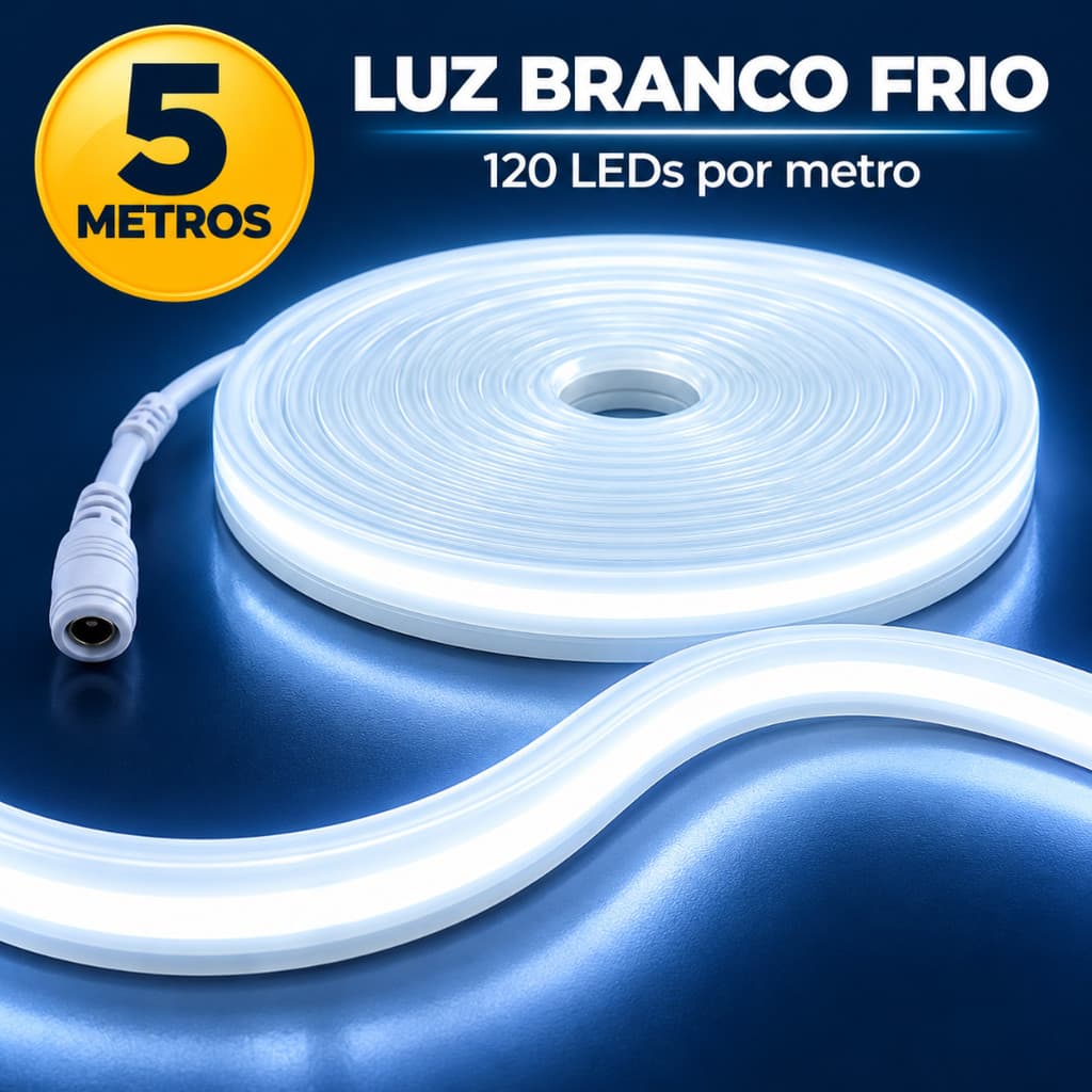 Mangueira de LED Neon Flexível Branco Frio 12V 5m 120 LEDs/m IP65 Resistente a Respingos Luminária Decoração