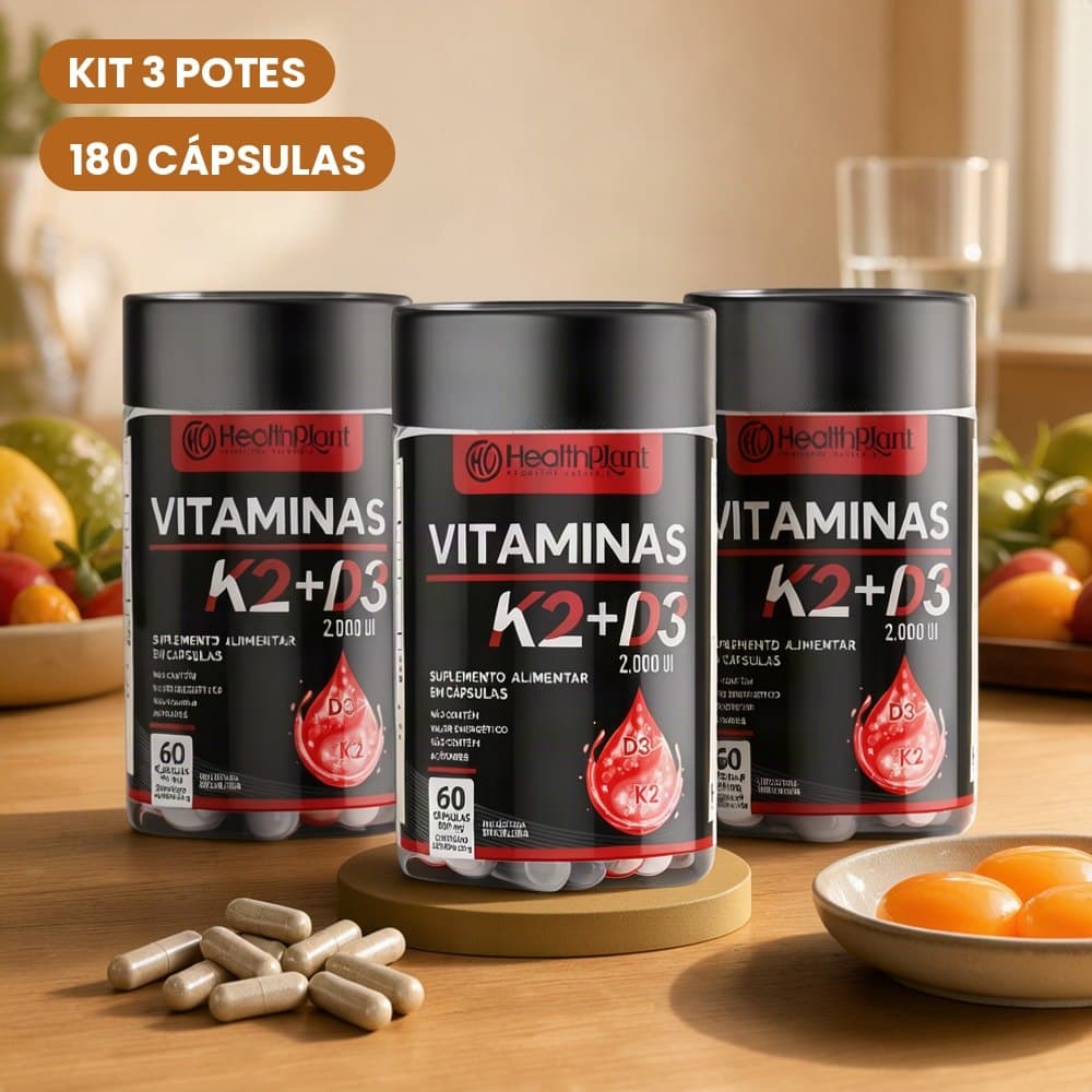 Kit 3 Potes Suplemento Vitamina K2 e Vitamina D3 2000 UI 500 mg 180 Cápsulas