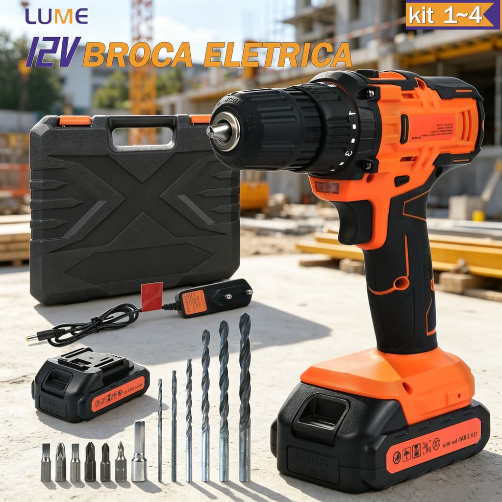 Furadeira Parafusadeira 12V Bivolt Com 13 Peças C/ Maleta 1 Bateria 2 Velocidades 22Nm Motor Cobre