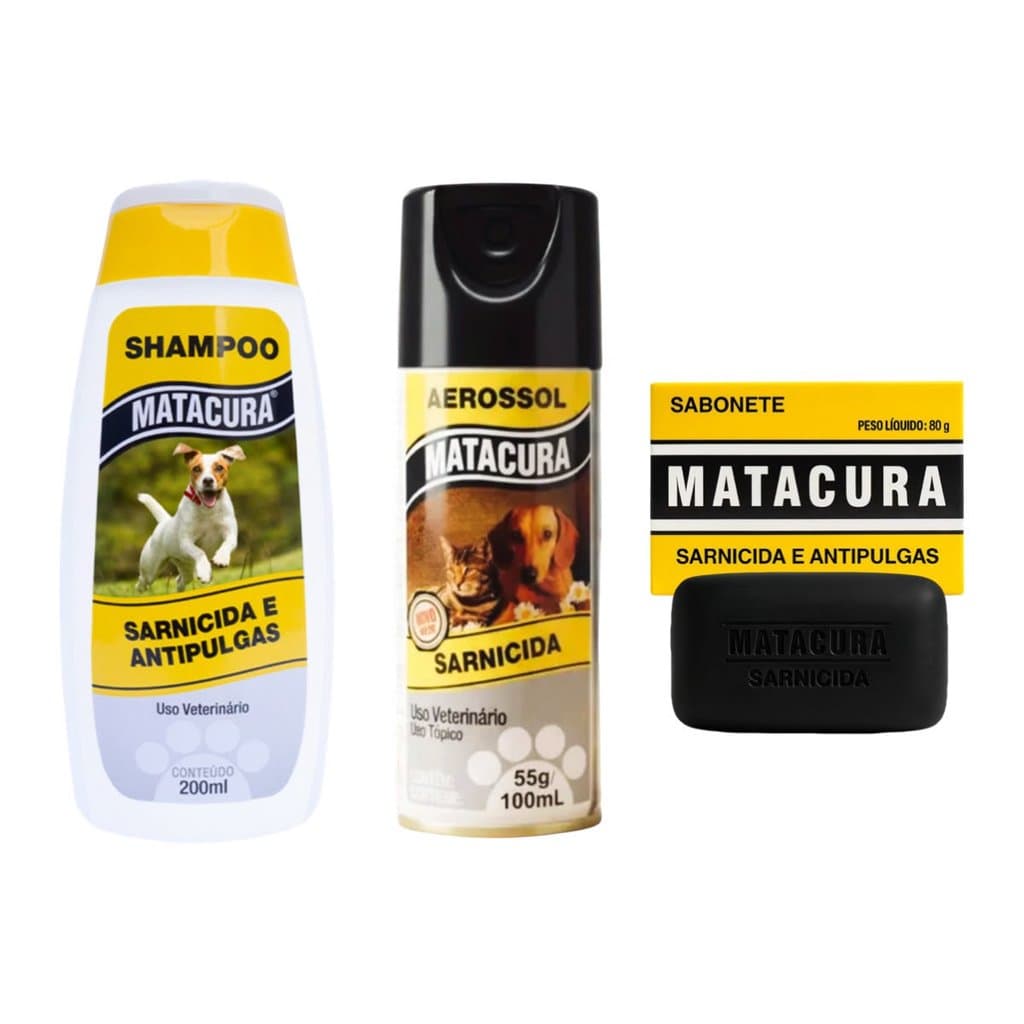 Kit Sabonete Shampoo Spray Matacura AntiPulgas E Sarna Original Para Cães