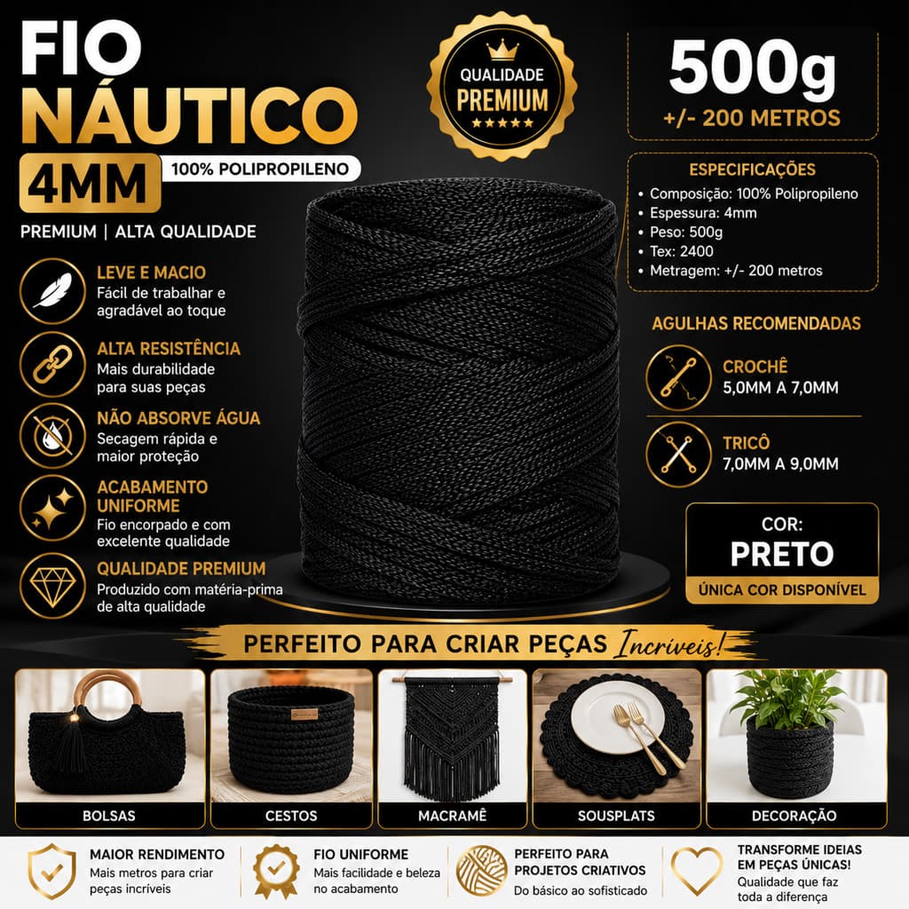 Fio Náutico Premium Preto 4mm 500g | Barbante para Crochê, Macramê, Tricô, Bolsas, Cestos e Artesanato