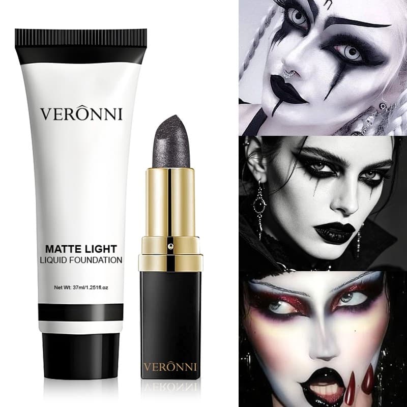 Conjunto De Base Líquida Branca + Batom Preto Adequado Para Maquiagem Gótica Extrema , Halloween E Dramatização