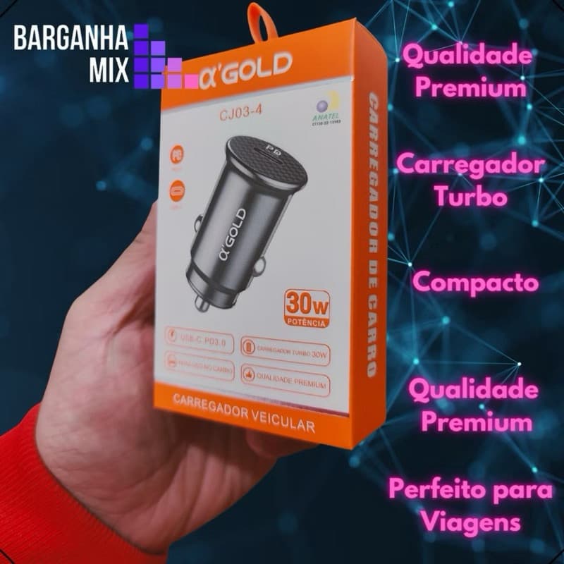 Carregador Veicular Turbo Usb Tipo C Pd 30w 6A Para Carro A‘GOLD CJ03-4