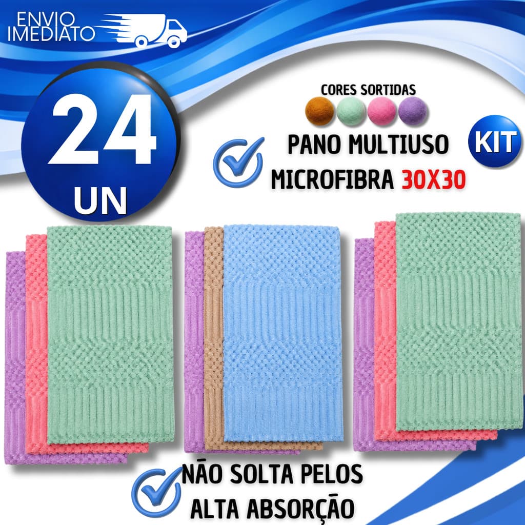 Kit Pano Microfibra 30x30 Multiuso Limpeza Casa Carro Alta Absorção Sem Fiapos