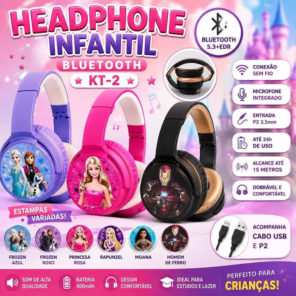 Headphone Infantil Bluetooth Sem Fio KT-2 Wireless Dobrável Com Microfone P2 Para Crianças Android iPhone Tablet