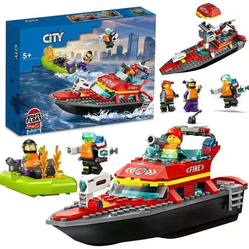 Conjunto de blocos de montar para meninos, barco de resgate contra incêndios, compatível com a série Lego City, blocos d