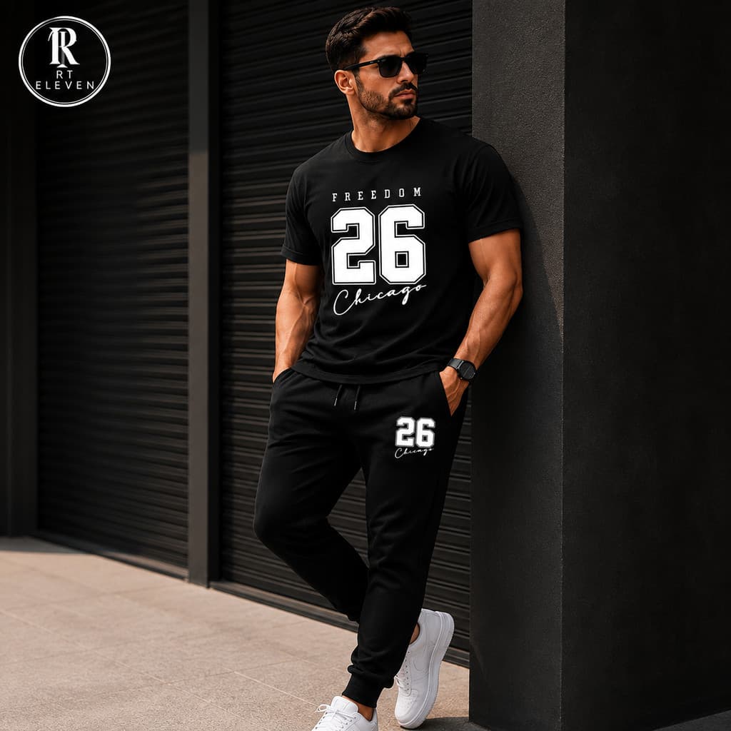 Kit Conjunto Chicago 26 Camiseta e Calça moletom  Moda masculina camiseta casual Malha Algodão + calça Moletom Com bolso