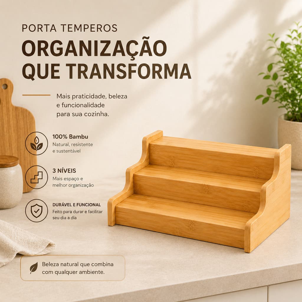 Porta Temperos de Bambu Organizador 3 Níveis Suporte Multiuso Cozinha Alimentos Perfume bancada cosmeticos decorativo