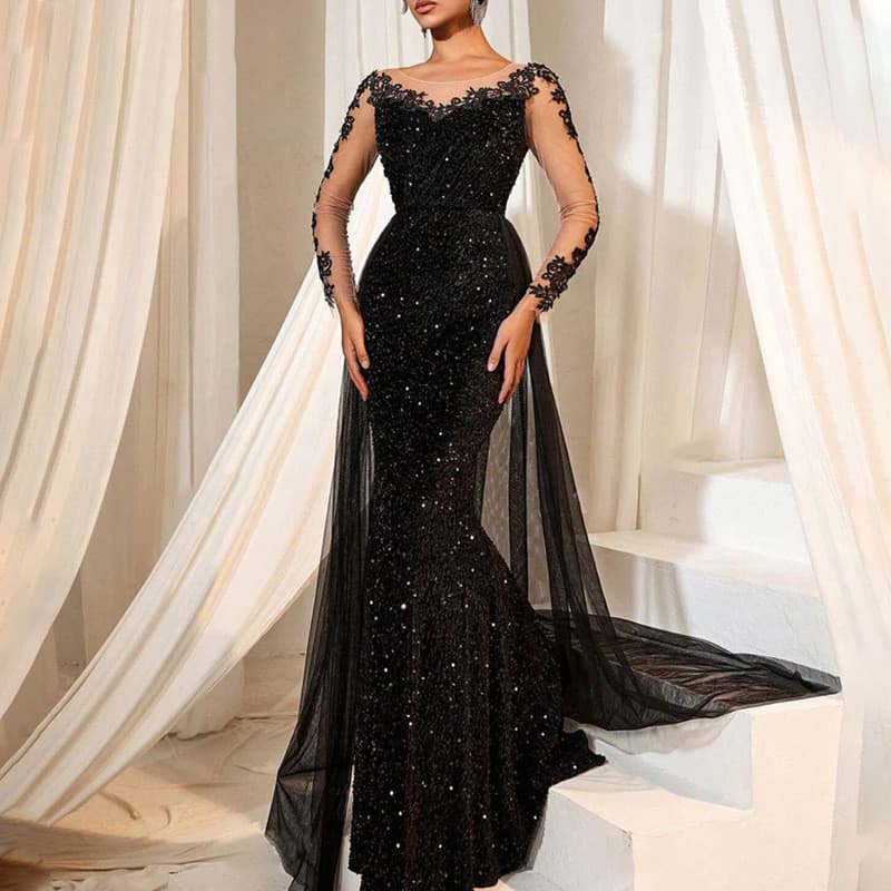 Vestido de baile feminino europeu e americano, vestido longo, elegante e estiloso, vestido de festa longo de renda.
