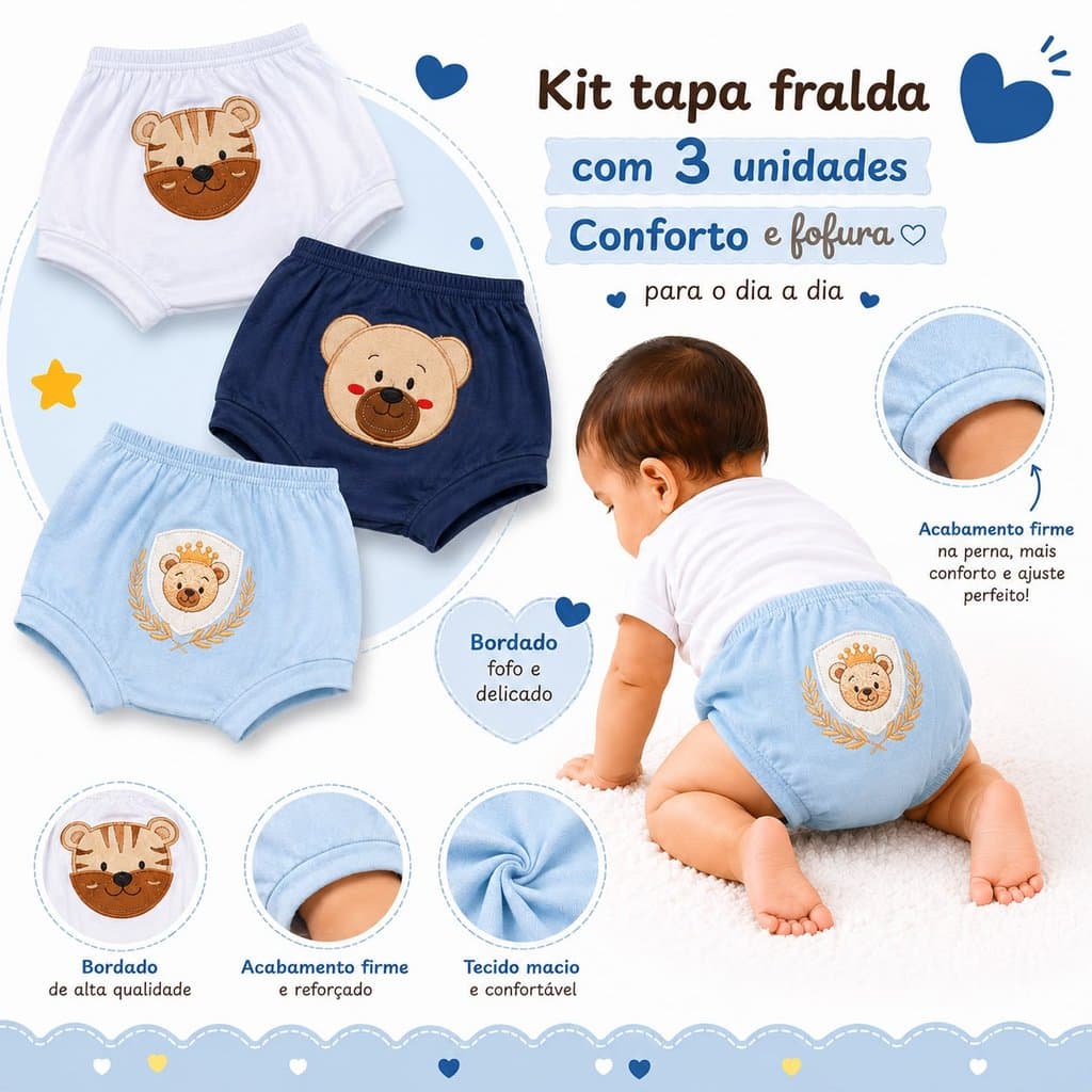 Kit 3 Short Tapa Fralda Com Aplique Bordado 100% Algodão