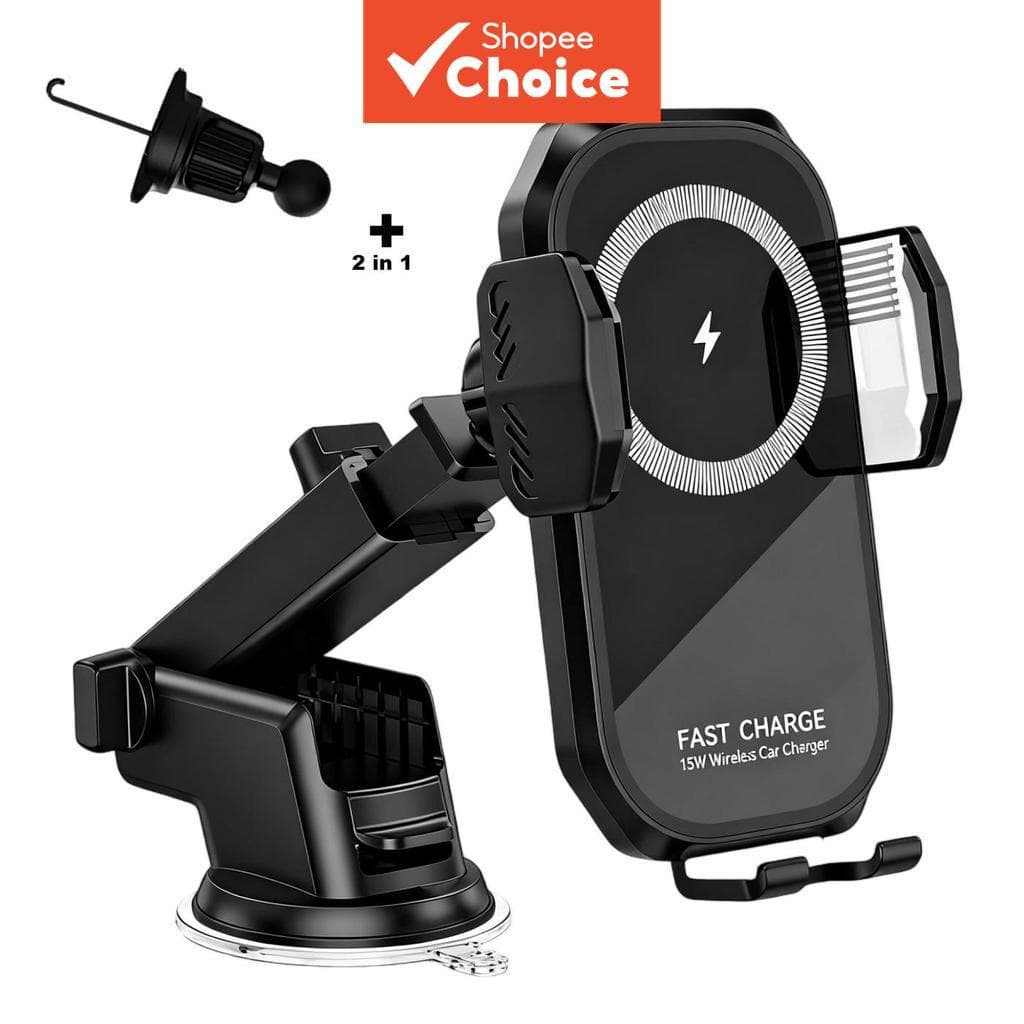 Carregador de Carro Sem Fio com Suporte de Aperto Automático - Suporte Carregador Rápido para iPhone & Galaxy, Fixação