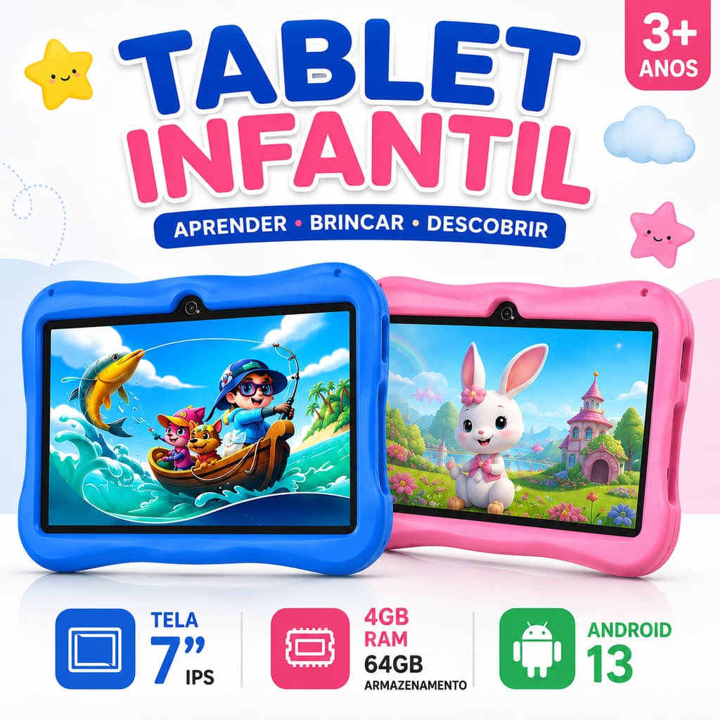 Tablet Infantil 7 Polegadas Android 13 4GB RAM 64GB Wi-Fi Bluetooth Controle Parental Capa Protetora
