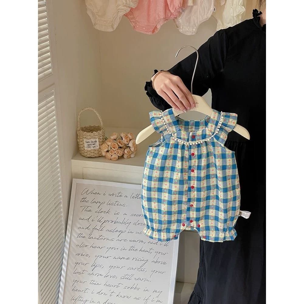 Verão roupas de bebê frente aberta bebê menina macacão verificado manga voadora recém-nascido macacão estilo fino menina