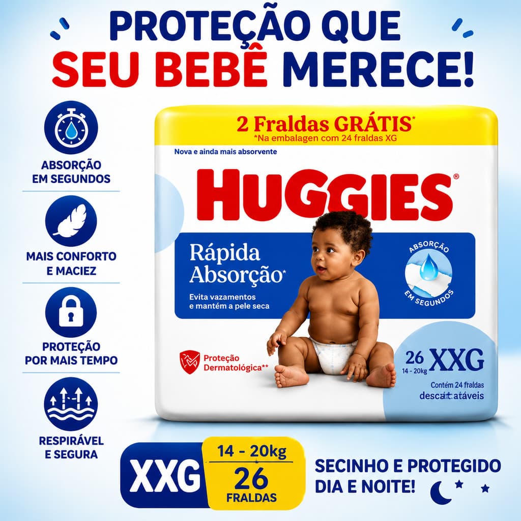 Fralda Huggies Rápida Absorção Tamanho Xxg 26 Und 14 - 20 Kg