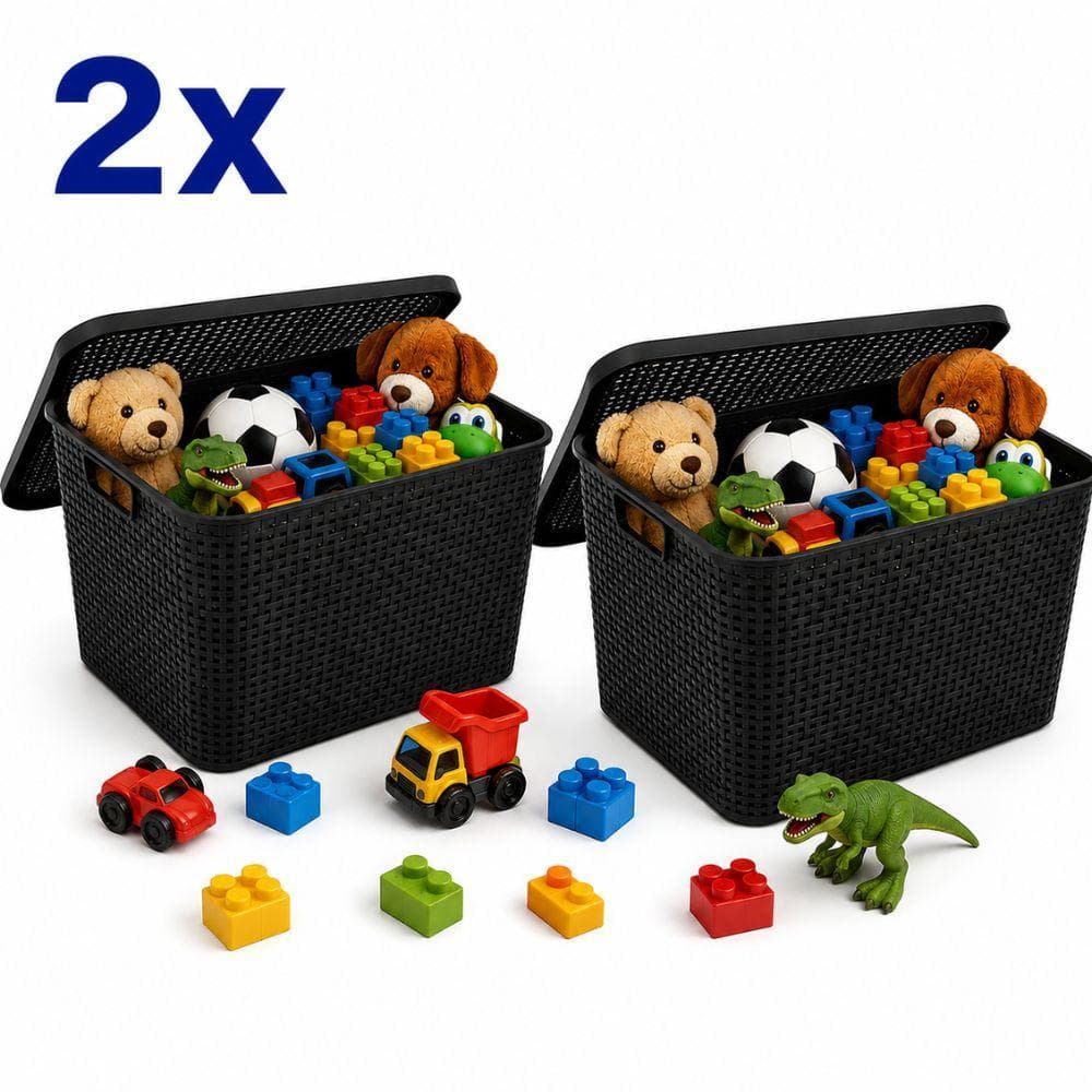 KIT 2 CAIXA ORGANIZADORA RATTAN PRETA GRANDE CESTO ORGANIZADOR 48CM TAMPA BRINQUEDO MULTIUSO EMPILHAVEL DECORATIVA