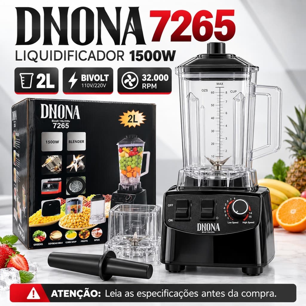 Liquidificador Potente DNONA 7265 1500W 2 Litros Bivolt 110V 220V 32000RPM com Função Pulse