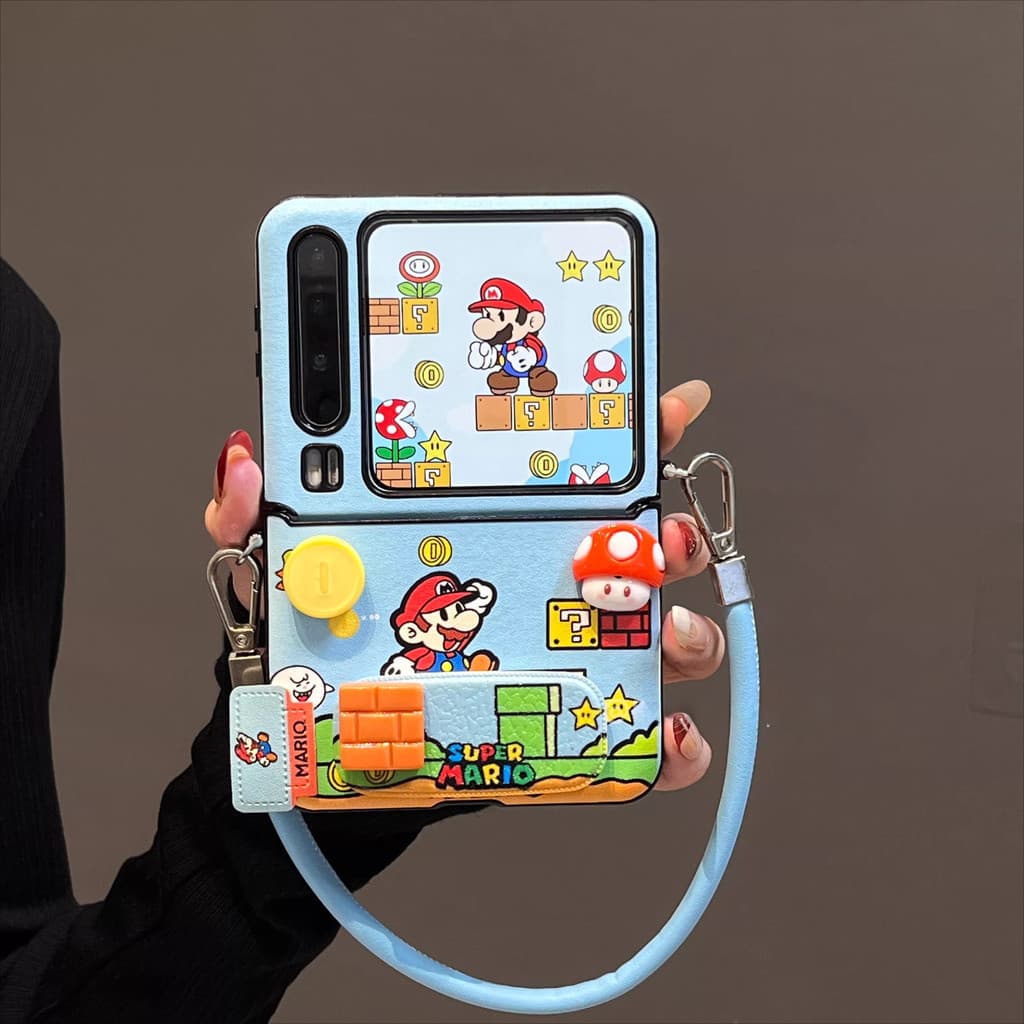 Capa de celular com espelho e suporte do Mario para Samsung Galaxy Z Flip7, com corrente para celular, para tela dobráve