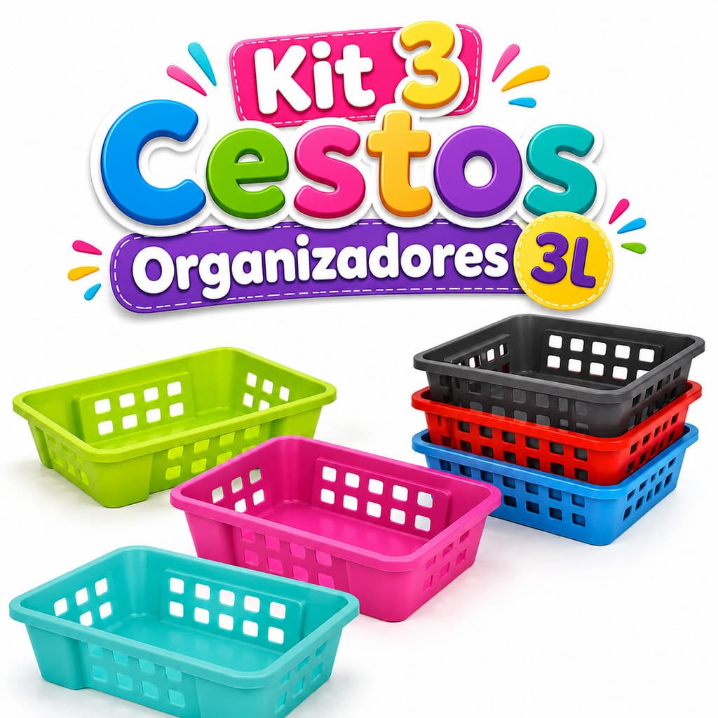 Kit 3 Cestos Organizadores 3L Plástico Multiuso Empilhável para Cozinha Lavanderia Armário