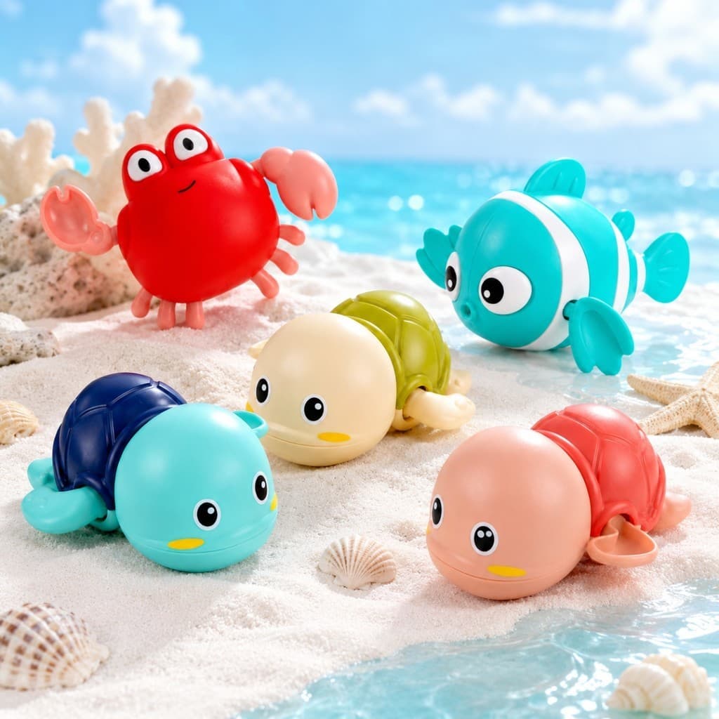 Brinquedo De Corda Que Nada Na Água Peixinho Tartaruga Caranguejo Infantil Banho Piscina Banheira Praia Sem Pilhas Bebê