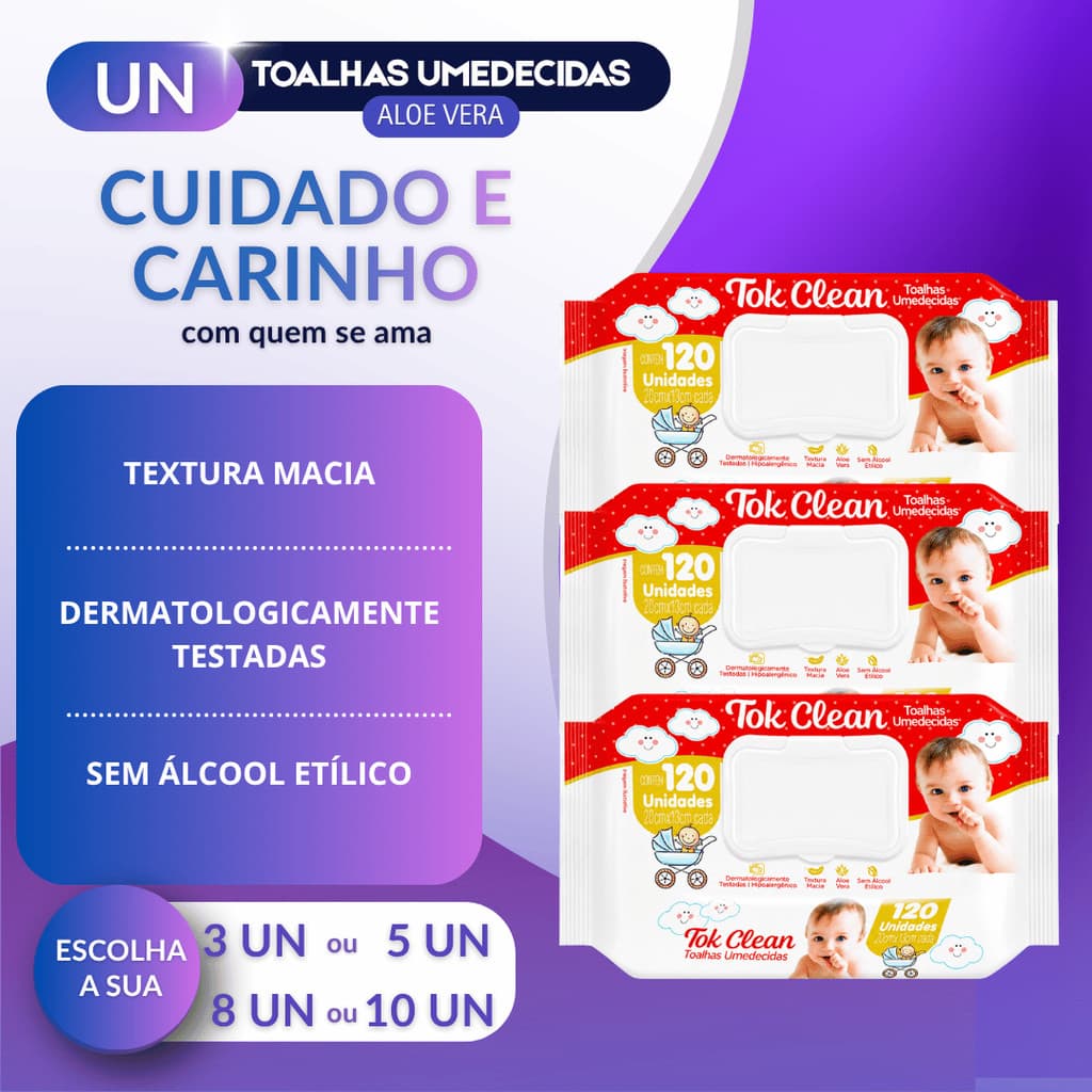 Kit Lenço Umedecido Tok Clean 120un Toalha Umedecida Para Higiene Diária Bebê e Casa 360un a 1200un
