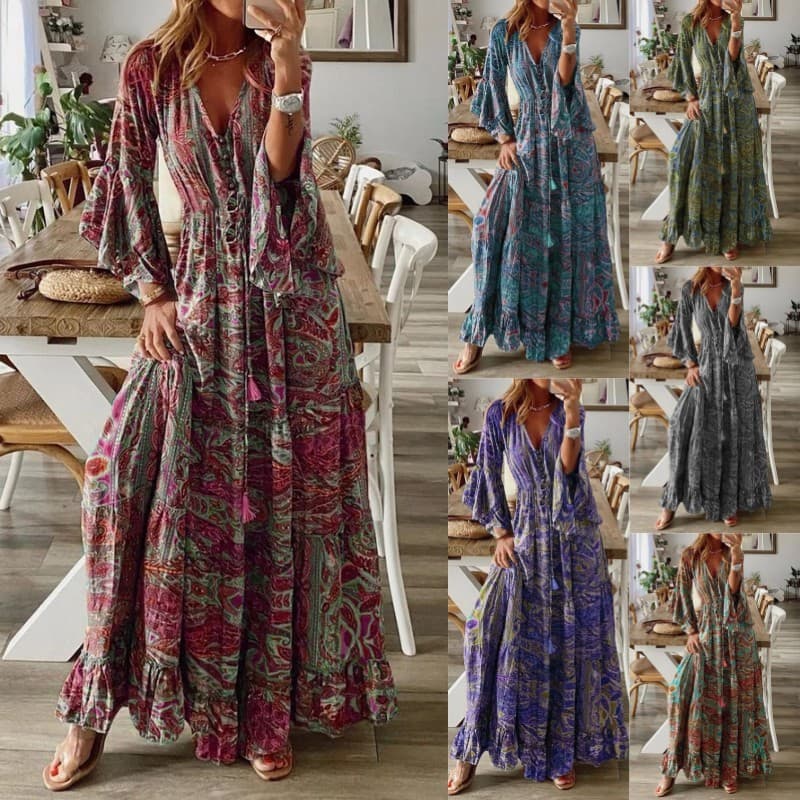 Mulheres verão estilo boêmio manga larga impresso com decote em V vestido de cintura alta Floral feminino vestido longo 