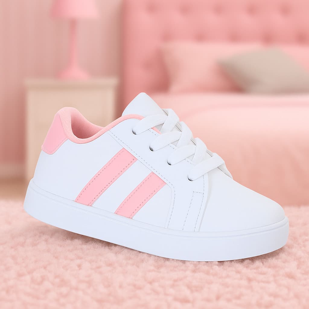 Tenis Calçado Infantil de Menina Branco Rosa Escolar Confortável