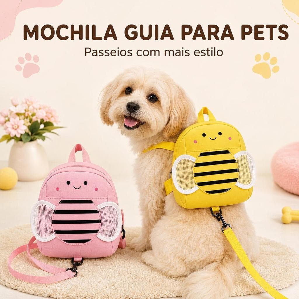 Mochila Guia para Cachorro e Gato Abelhinha com Alças Ajustáveis e Coleira para Passeio