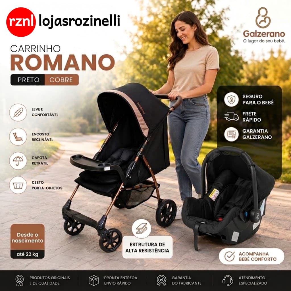 Kit Carrinho Travel System Galzerano Romano + Bebê Conforto Grid Preto Cobre