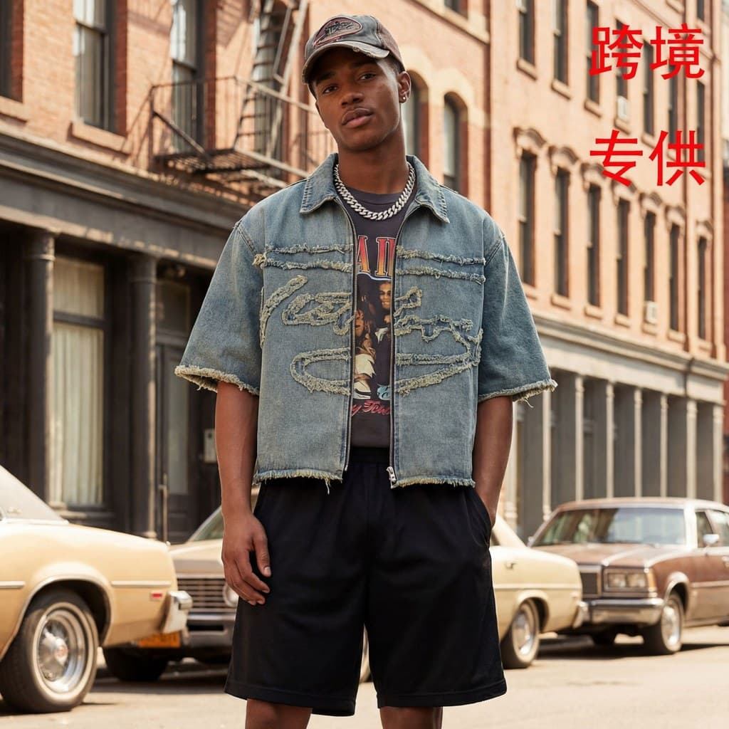 Jaqueta jeans desgastada masculina bordada solta jaqueta curta High street Wear jaqueta Casual