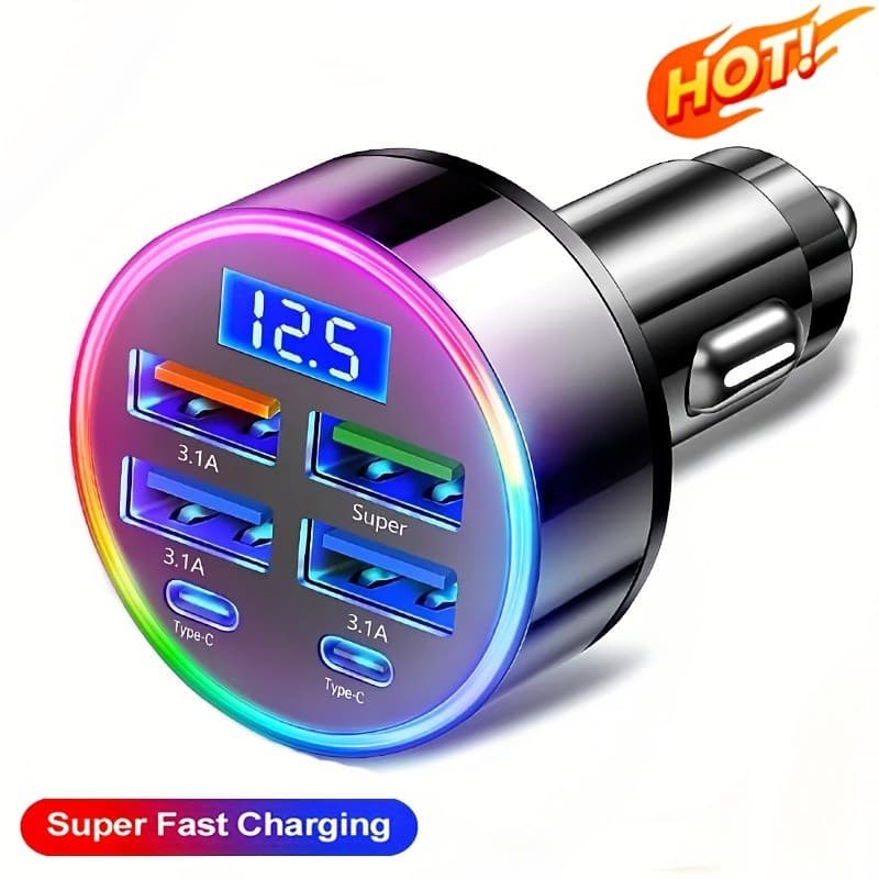 Carregador de carro USB Carregador de carro de carga rápida USB de 6 portas Display de tensão LED Carga Flash portátil A