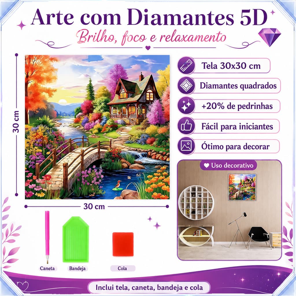 Kit Pintura Diamante 5D Casa de Campo 30×30cm, Decoração Quarto, Kit DIY Artesanato