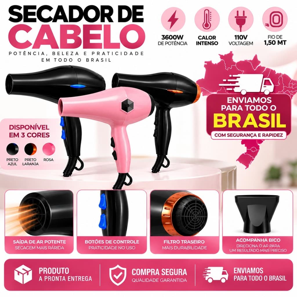 Secador de Cabelo Profissional 3600W 110V Potente Secagem Rápida com Bico YD-3239