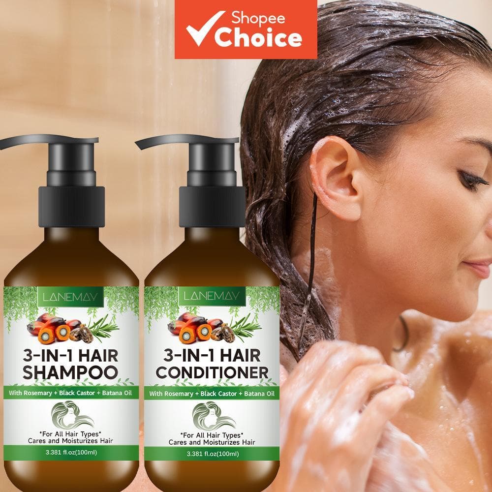 Conjunto de Shampoo e Condicionador 3 em 1 LANEMAY 100 ml cada, Óleo de Alecrim Batana Preto de Mamona, Hidratante para