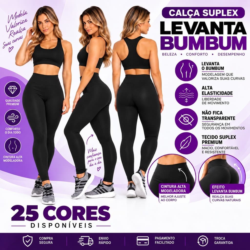 Calça Legging Fitness Cintura Alta Suplex Levanta Bumbum