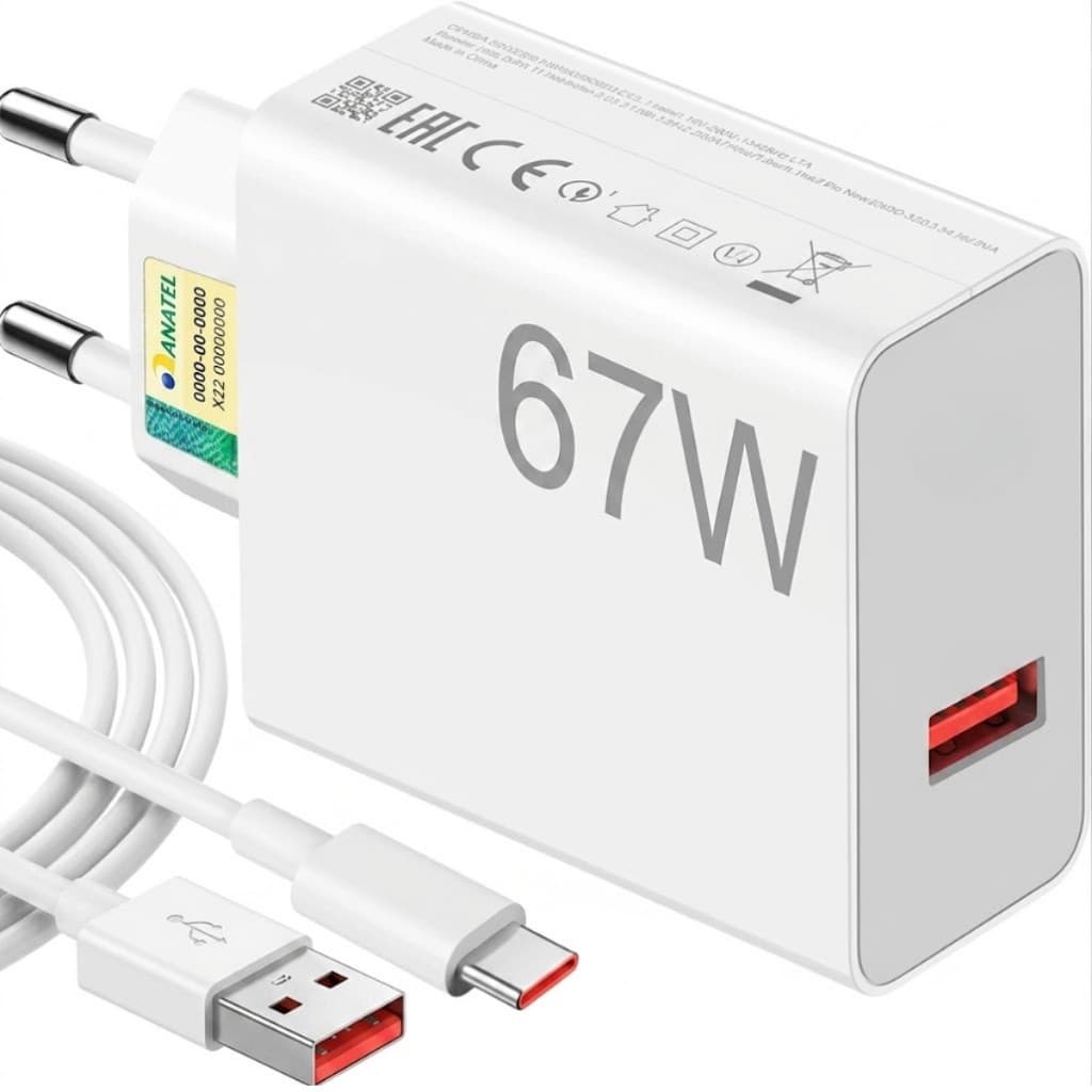 Carregador Turbo 67W Bivolt com Cabo USB-C 1m Carga Ultra Rápida para Xiaomi Redmi Note Poco e Celular Android
