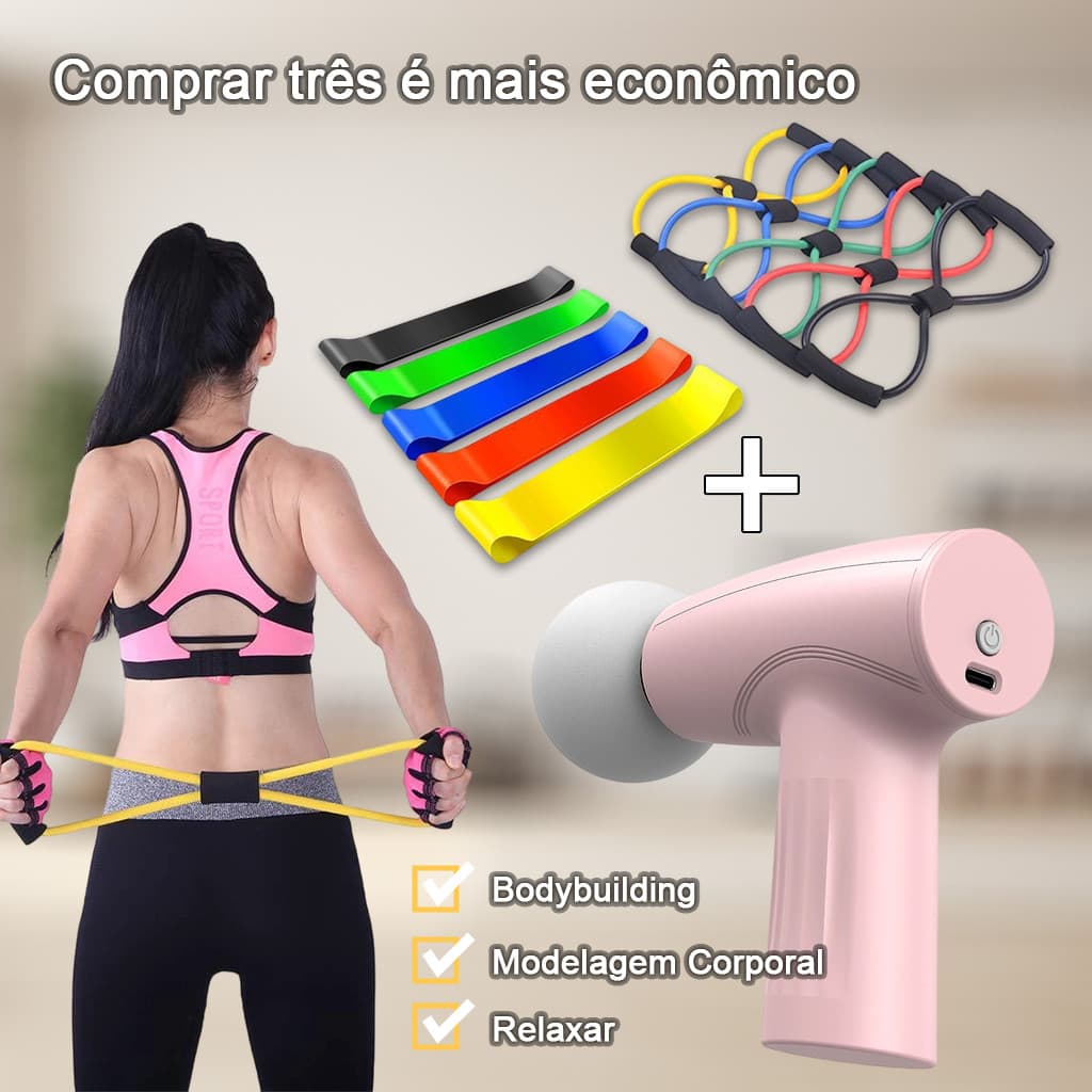 Kit Exercício + Alongamento | Massageador Elétrico Muscular Pistola Portátil Original c/ 6 Níveis e 4 Ponteiras