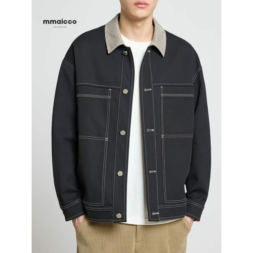 Momaike roupas masculinas 2023 primavera novo estilo lapela contraste cor jaqueta masculina Casual macacão jaqueta mascu