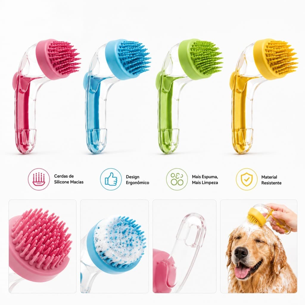 Escova de Banho para Pets com Dispenser de Shampoo – Silicone Macio para Cães e Gatos