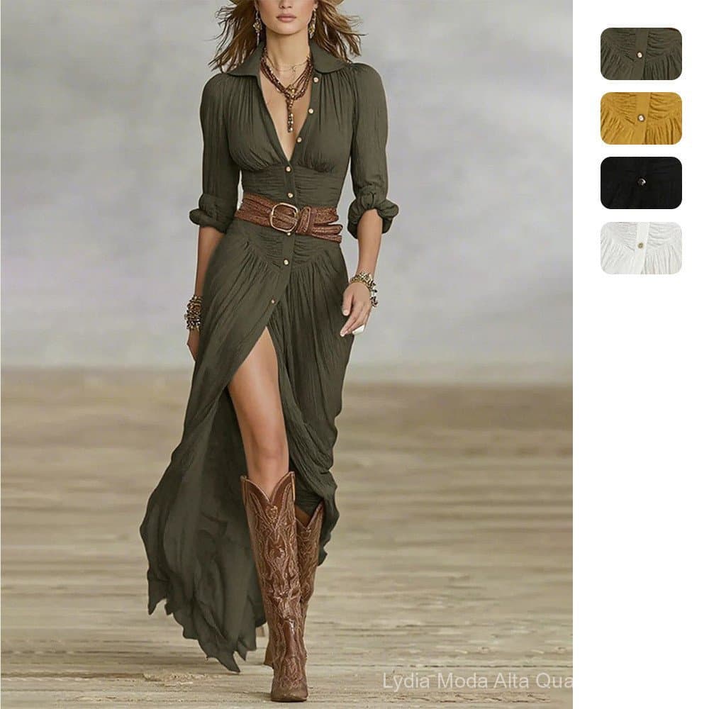 [Liquidação] Vestido Feminino Elegante de Alta Qualidade, Vestido Camisa Cardigã de Manga Longa em Cor Sólida, Vestido L