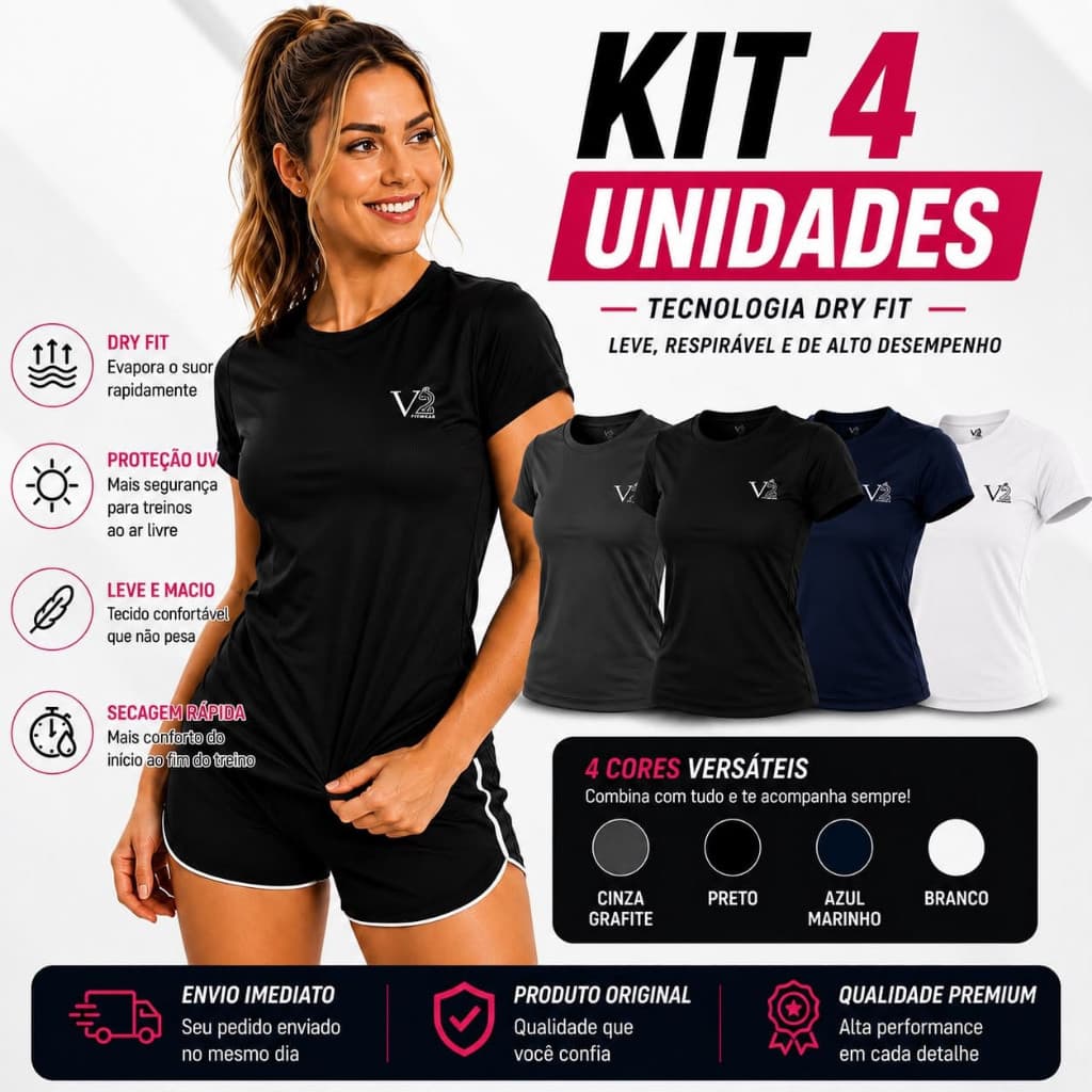 KIT 4 Camisetas Dry Fit Feminina Academia Treino Caminhada Musculação Blusa Fitness