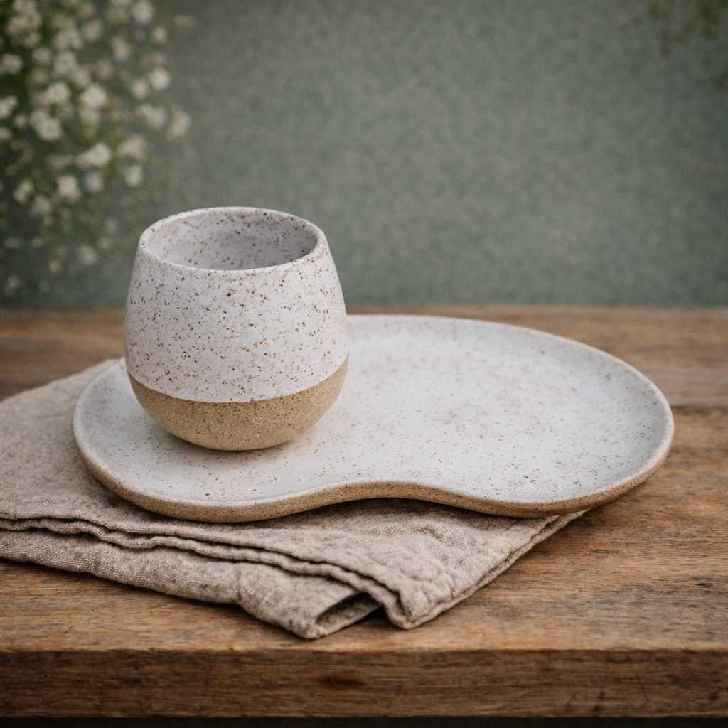 Kit Café / Chá 2 peças Copo + Bandeja Orgânica Branca Cerâmica 100% Artesanal / Presente / Decoração