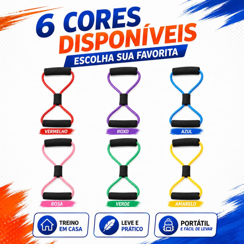 Kit Elástico de Resistência em 8 com Pegadores de Espuma para Treino de Braços Pernas Glúteos Fitness em Casa Musculação