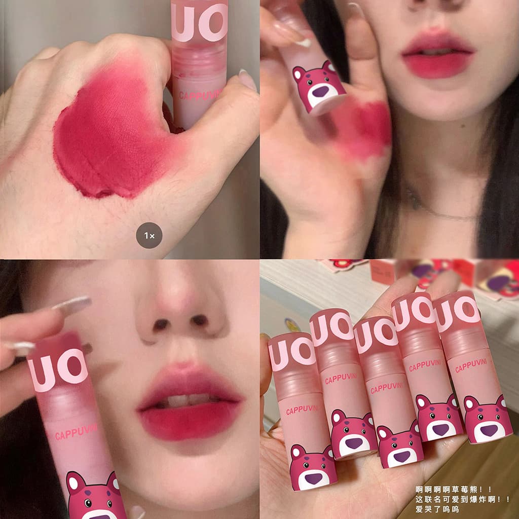 Batom líquido Cappuvini em formato de urso rosa, acabamento matte, cor de lábios de alto valor estético, batom de beleza