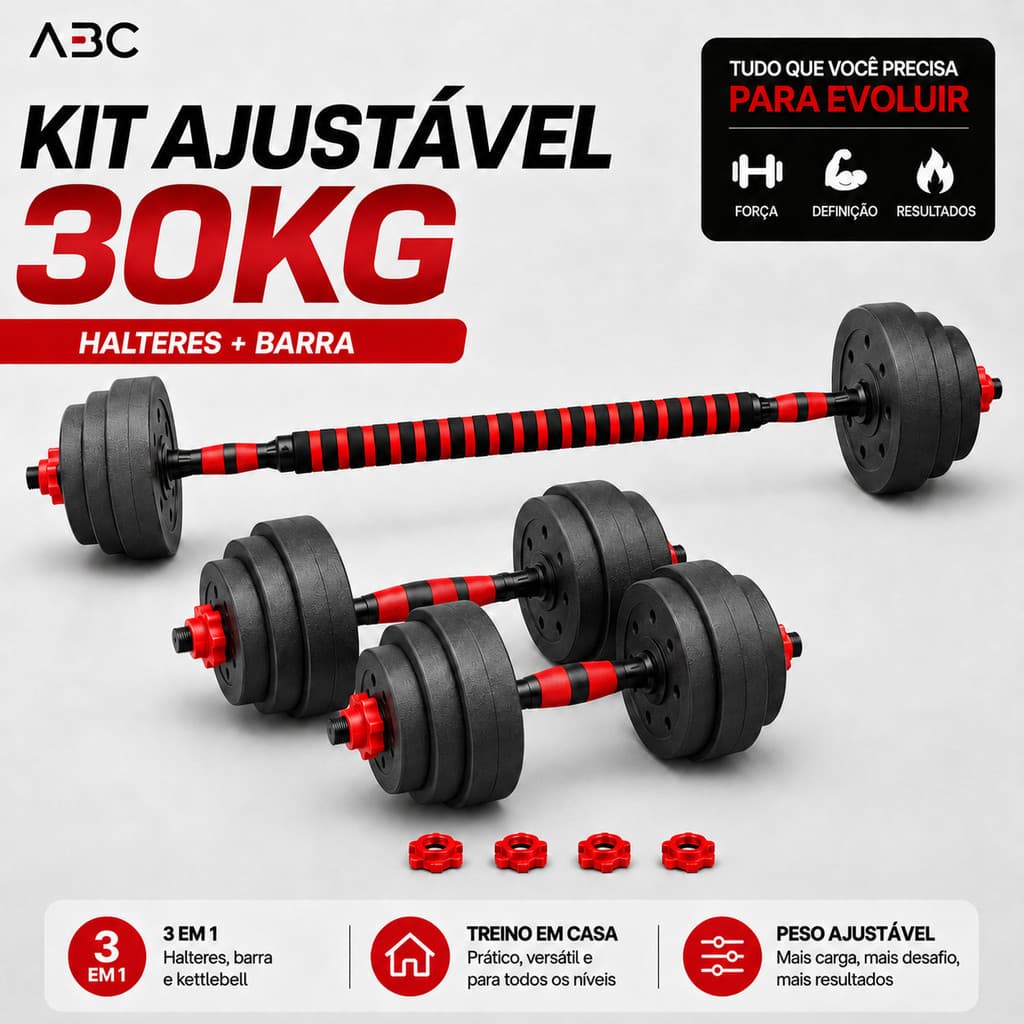 Kit Academia em Casa 30kg Halteres Ajustáveis,Inclui Barra Longa e Presilhas de Segurança