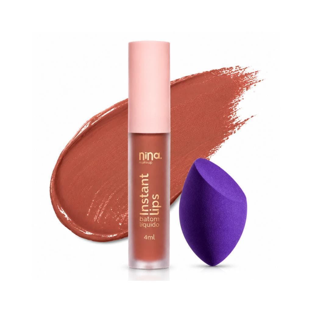 Kit Nina Makeup Batom Líquido Matte Instant Lips Essência + Esponja Maquiagem