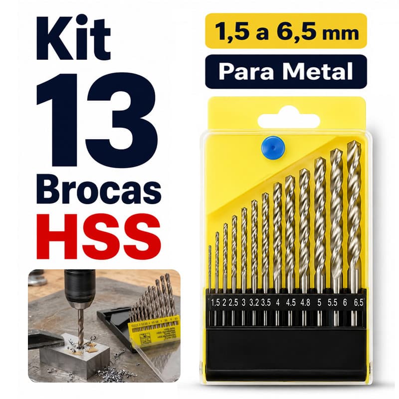 Kit Jogo 13 Brocas HSS em Aço Rápido para Metal 1,5 a 6,5 mm Resistentes para Furadeira e Parafusadeira