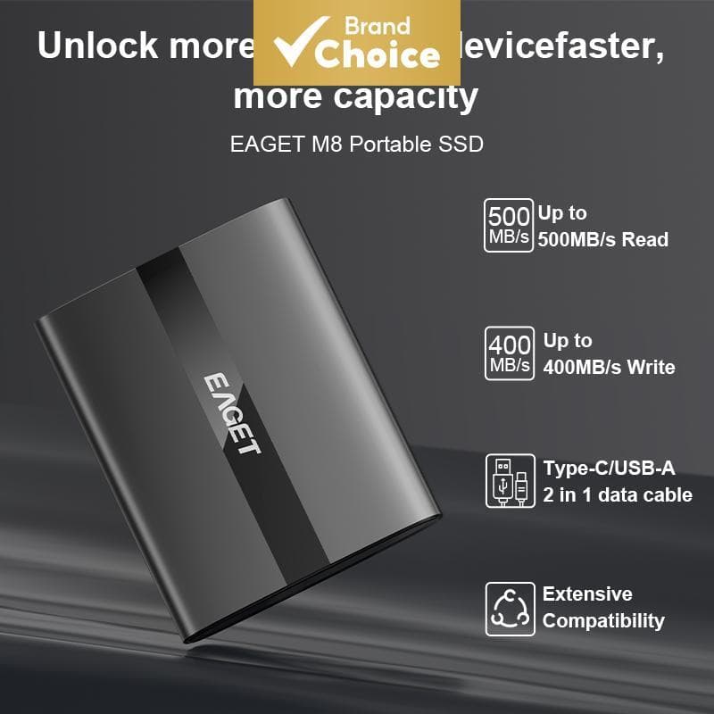 EAGET M8 Disco Rígido Externo SSD USB 3.2 Gen1 5Gbps, Leitura 500MB/s, Cabo 2 em 1 Tipo-C e USB-A, Armazenamento