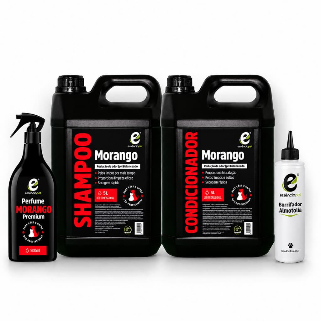 KIT Shampoo, Condicionador 5L e Perfume 500mL para Cães, Linha Super Premium - Essencia Pet | Banho e Tosa Profissional