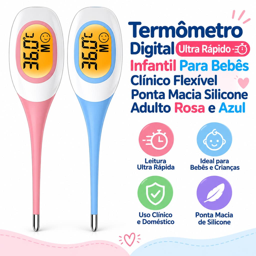 Termômetro Digital Ultra Rápido Infantil Bebê Ponta Macia Flexível Silicone Rosa Azul Adulto