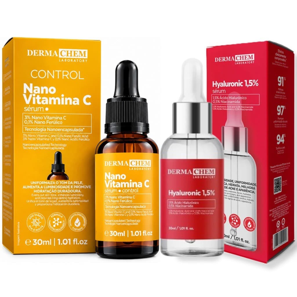 Kit Skincare Facial Sérum Vitamina C 3% Nano + Hyaluronic 1,5% Hidratação Profunda e Efeito Clareador Antissinais